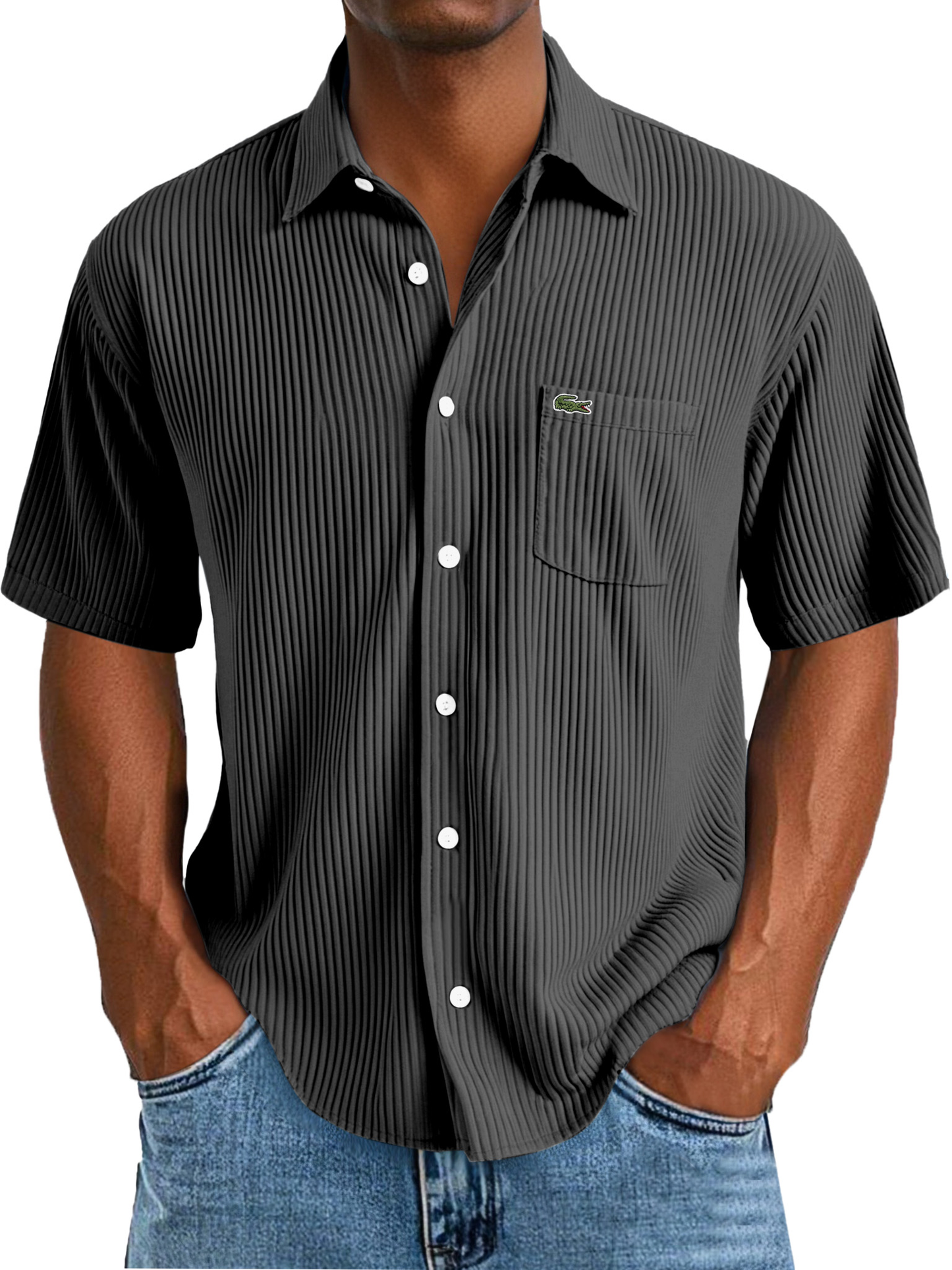 Men's Daily Casual Solid Color Vertical Pit Short-sleeved Lapel Shirt