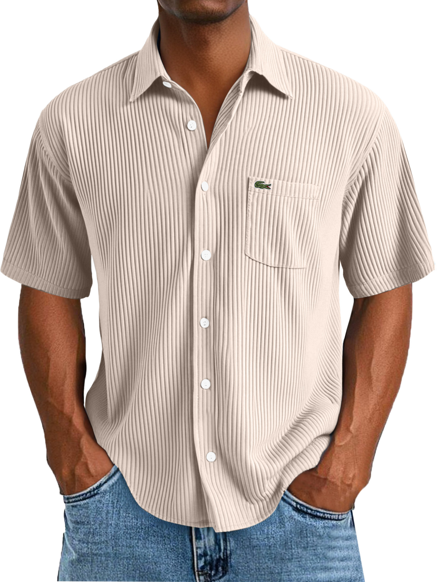 Men's Daily Casual Solid Color Vertical Pit Short-sleeved Lapel Shirt