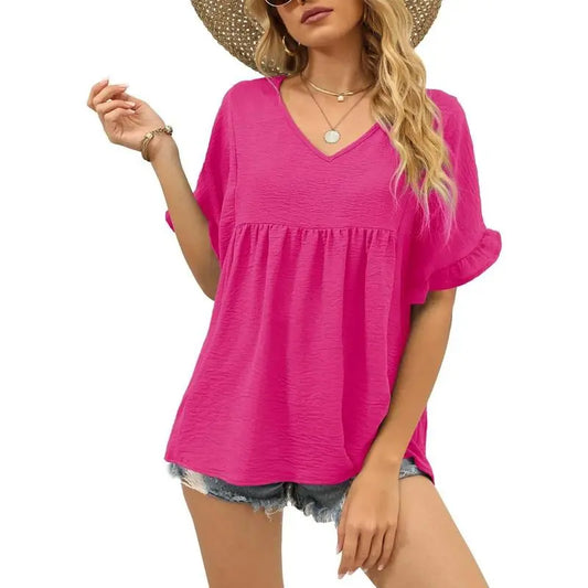 Womens Tops Casual V Neck Ruffle Sleeve T Shirts Babydoll Loose Fit Peplum Tops