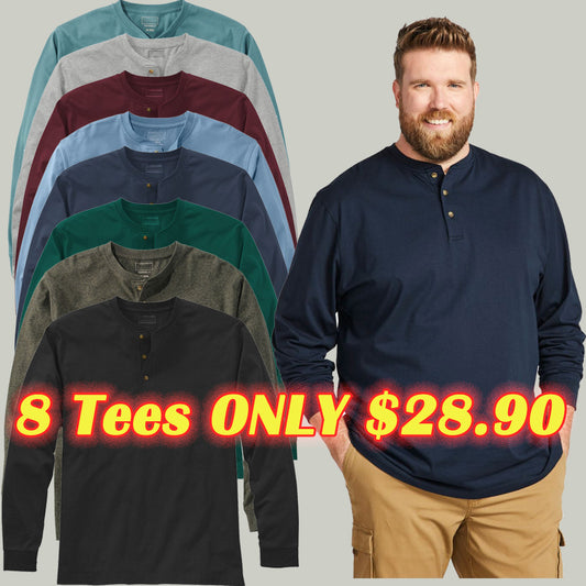 8 Pack Long-Sleeve Henley Tee Set (8 Colors)