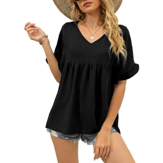 Womens Tops Casual V Neck Ruffle Sleeve T Shirts Babydoll Loose Fit Peplum Tops